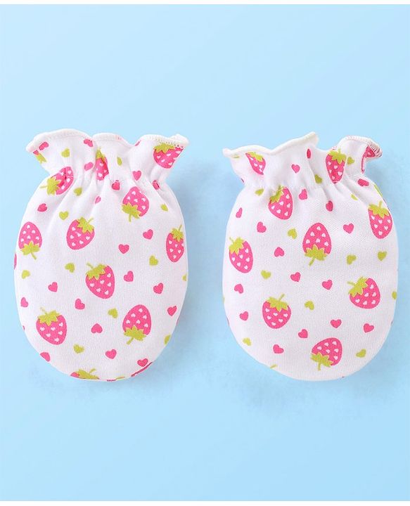 Babyhug 100% Cotton Mittens & Booties Set with Strawberry Print - White