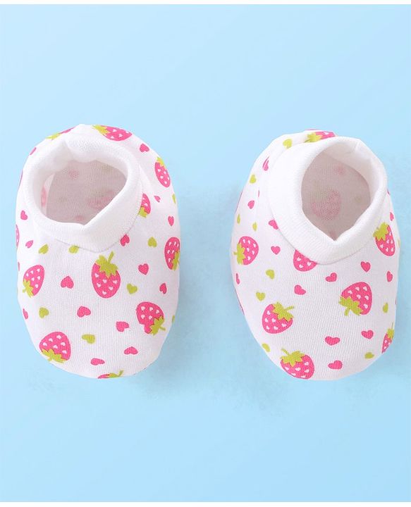 Babyhug 100% Cotton Mittens & Booties Set with Strawberry Print - White