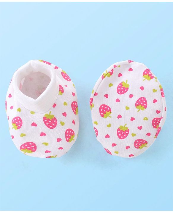 Babyhug 100% Cotton Mittens & Booties Set with Strawberry Print - White