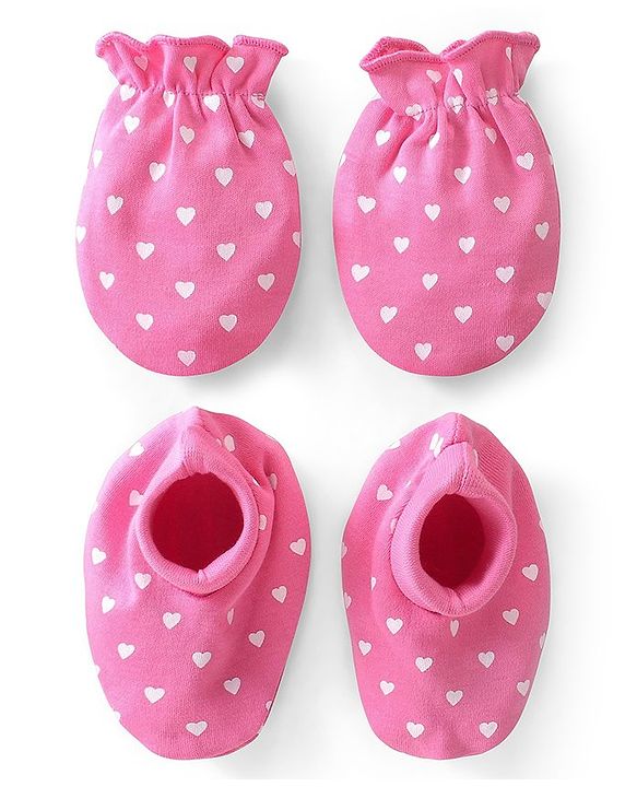 Babyhug 100% Cotton Mittens & Booties Heart Print - Pink