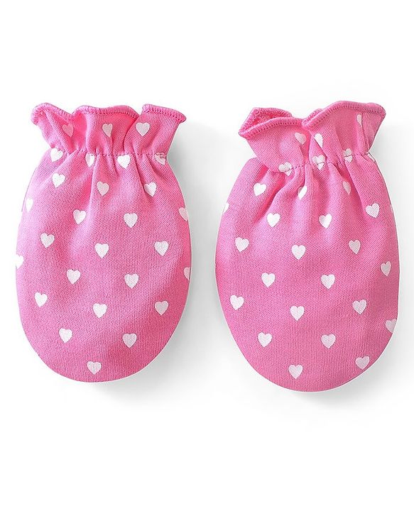 Babyhug 100% Cotton Mittens & Booties Heart Print - Pink