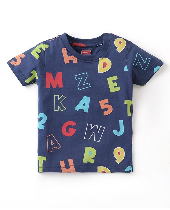 Babyhug Cotton Knit Half Sleeves Night Suit with Alphabet & Number Print - Navy Blue