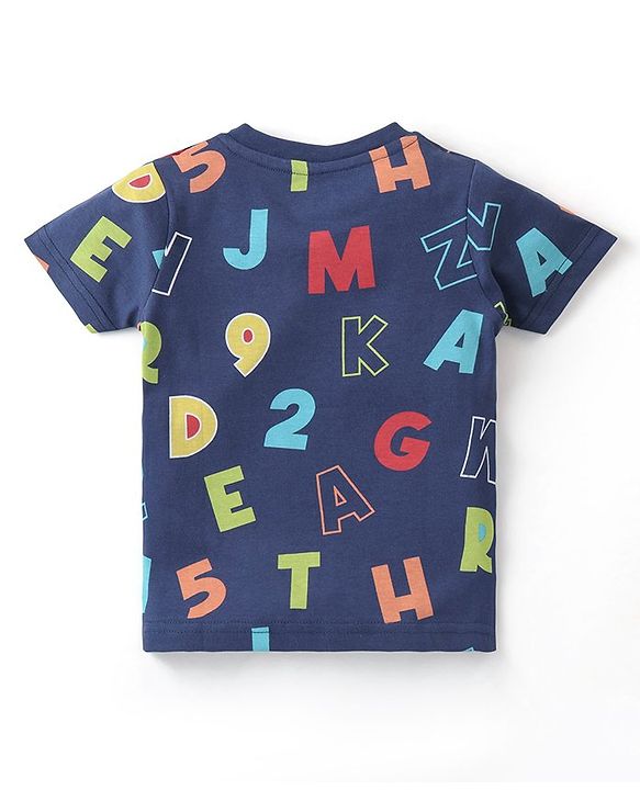 Babyhug Cotton Knit Half Sleeves Night Suit with Alphabet & Number Print - Navy Blue