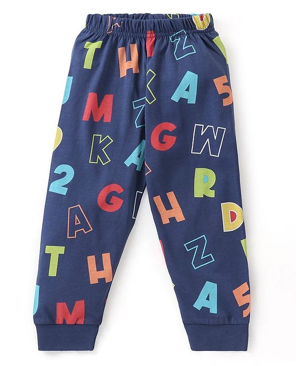 Babyhug Cotton Knit Half Sleeves Night Suit with Alphabet & Number Print - Navy Blue