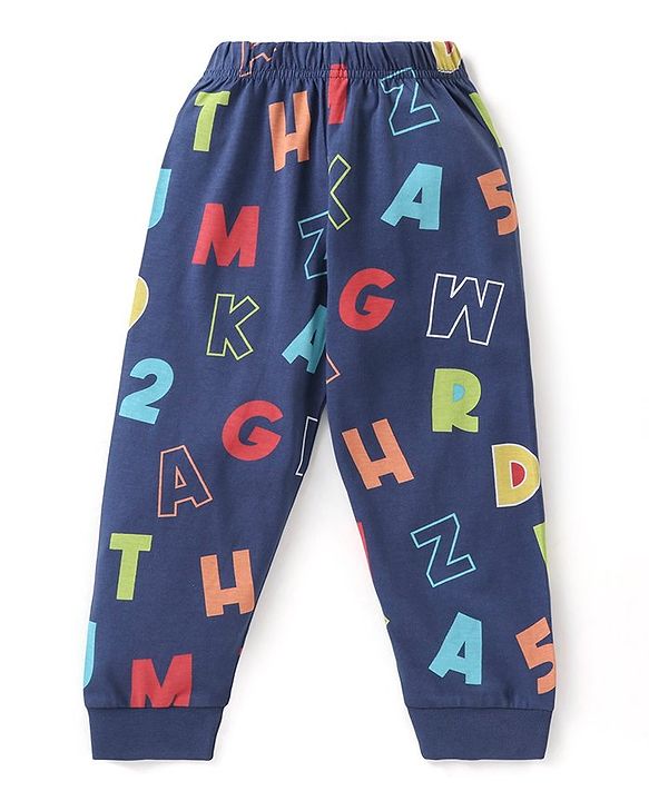 Babyhug Cotton Knit Half Sleeves Night Suit with Alphabet & Number Print - Navy Blue