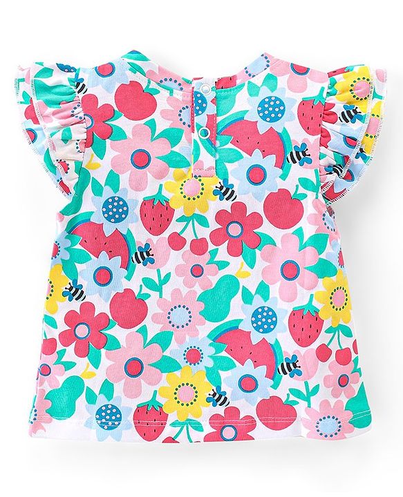 Babyhug 100% Cotton Knit Half Sleeves Top with Frill Detailing & Floral Print - White