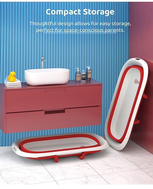 Babyhug Foldable Baby Bath Tub with Soap Space - Red