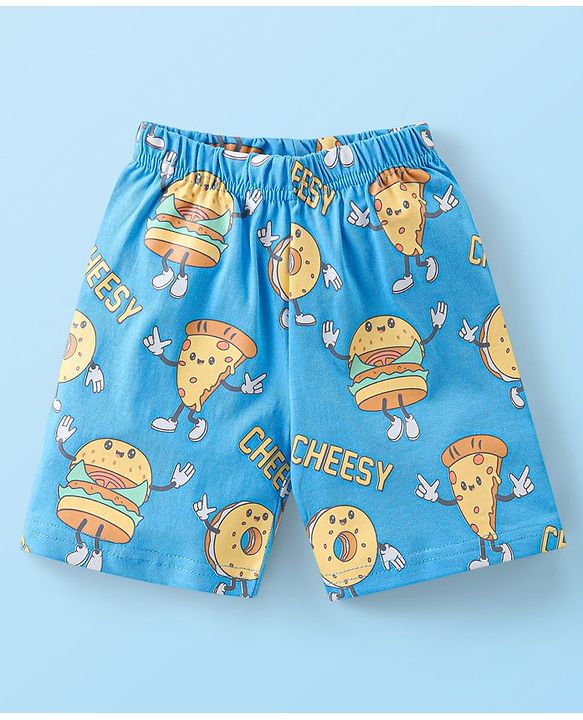Babyhug Cotton Knit Half Sleeves Night Suit Pizza Print - White & Blue