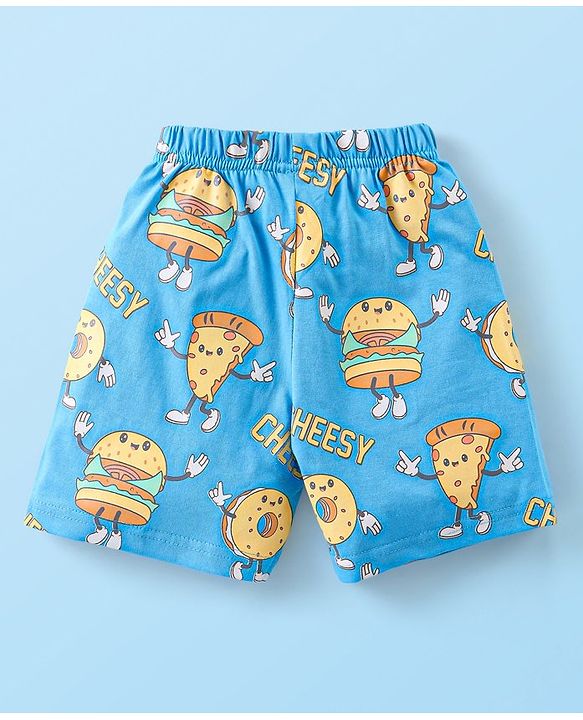 Babyhug Cotton Knit Half Sleeves Night Suit Pizza Print - White & Blue