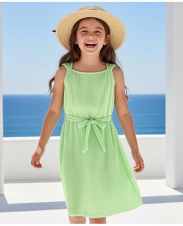 Pine Kids Sleeveless Solid Colour Lining Detailing Frock - Green