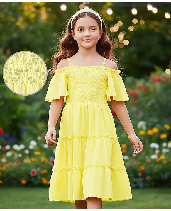 Pine Kids Woven Off Shoulder Half Sleeves Tiered Frock - Light Yellow