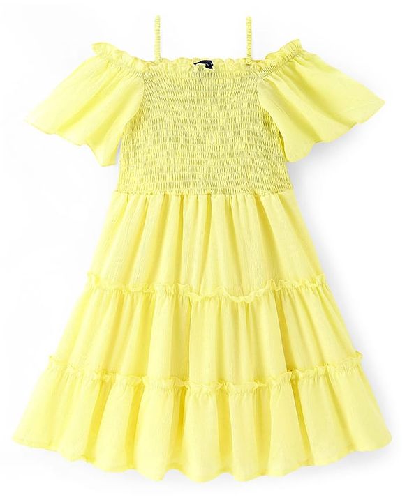 Pine Kids Woven Off Shoulder Half Sleeves Tiered Frock - Light Yellow