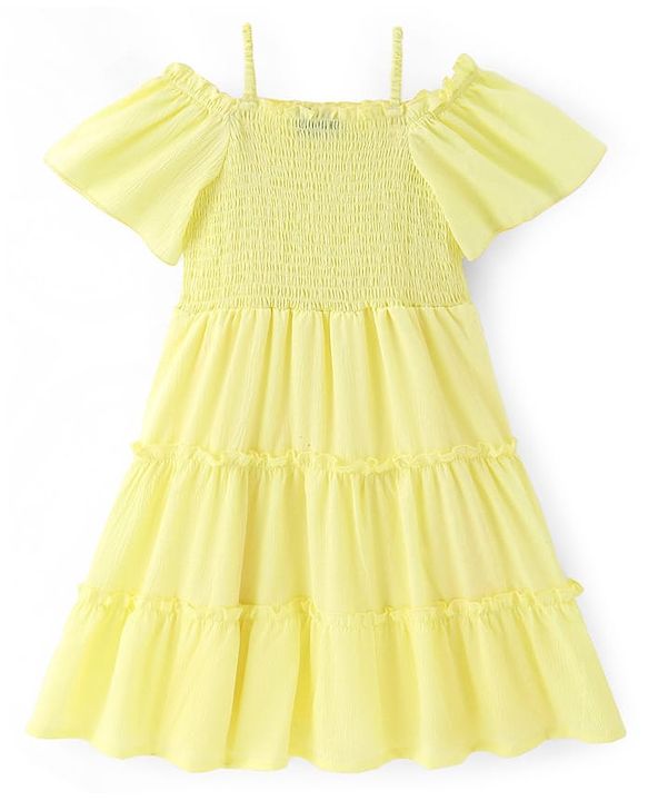 Pine Kids Woven Off Shoulder Half Sleeves Tiered Frock - Light Yellow