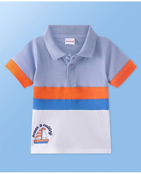 Babyhug Cotton Knit Half Sleeves Polo T-Shirt with Cut & Sew Design & Graphics Print and Embroidery Detailing - Multicolour