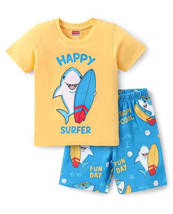 Babyhug Cotton Knit Half Sleeves Fish Printed Night Suit - Yellow & Blue