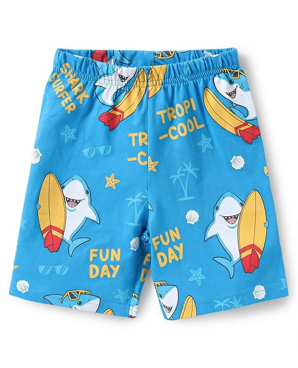 Babyhug Cotton Knit Half Sleeves Fish Printed Night Suit - Yellow & Blue