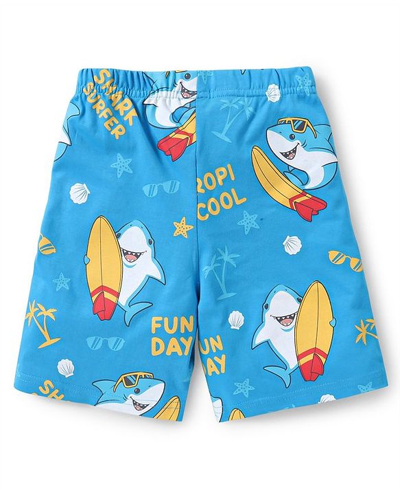 Babyhug Cotton Knit Half Sleeves Fish Printed Night Suit - Yellow & Blue