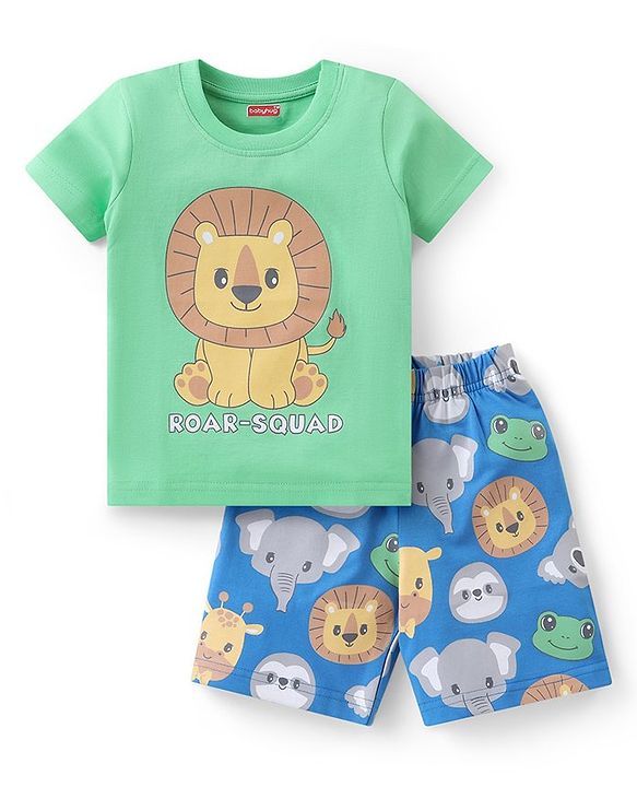 Babyhug Cotton Knit Half Sleeves Night Suit With Animal Print - Green & Blue