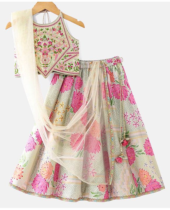 Babyhug Sleeveless Embroidered Choli with Floral Print Lehenga and Dupatta Set - Lime Green