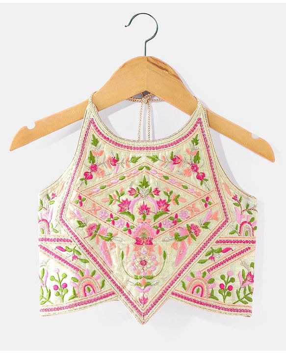 Babyhug Sleeveless Embroidered Choli with Floral Print Lehenga and Dupatta Set - Lime Green