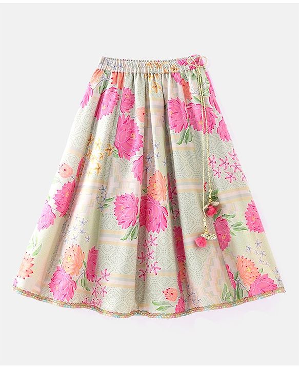 Babyhug Sleeveless Embroidered Choli with Floral Print Lehenga and Dupatta Set - Lime Green