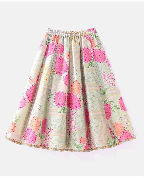 Babyhug Sleeveless Embroidered Choli with Floral Print Lehenga and Dupatta Set - Lime Green