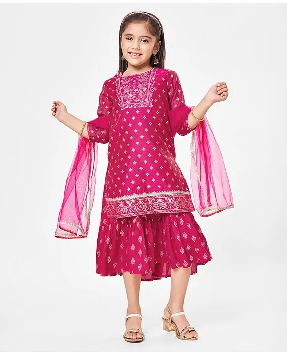 Buy Babyhug Woven Three Fourth Sleeves Dress with Full Length Printed Inner Lace Border Dupatta Fuschia for Girls 2 3Years Online in India Shop at FirstCry 16150332