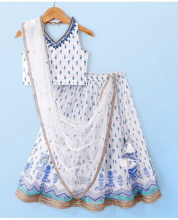 Babyhug Sleeveless Printed Choli Lehenga Set with Dupatta Embroidery Detailing - White