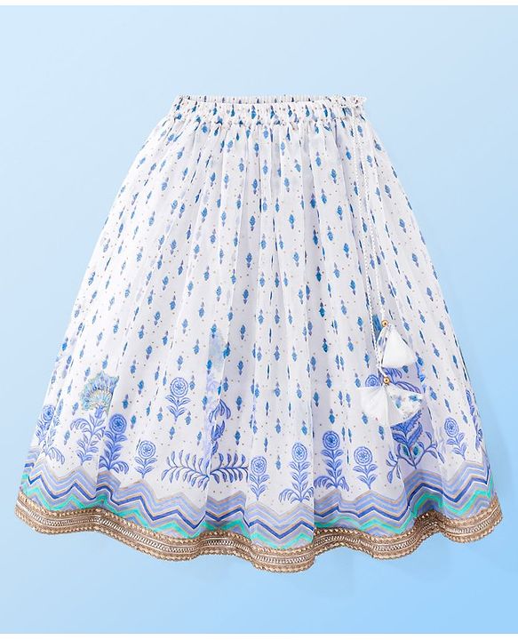 Babyhug Sleeveless Printed Choli Lehenga Set with Dupatta Embroidery Detailing - White