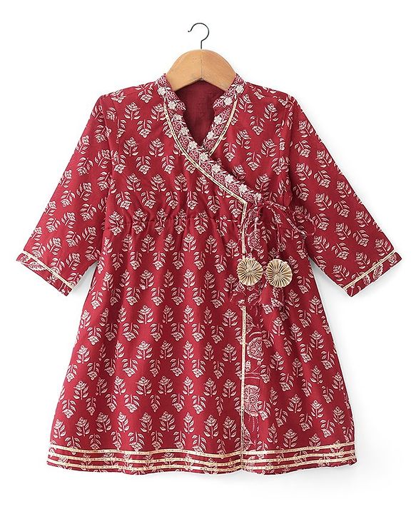 Babyhug 100% Cotton Woven Three Fourth Sleeves Kurti Palazzo & Dupatta Floral Print - Maroon