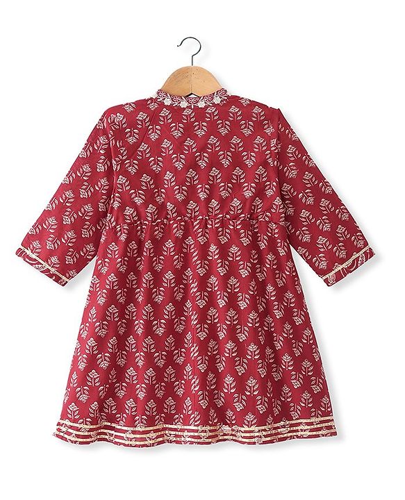 Babyhug 100% Cotton Woven Three Fourth Sleeves Kurti Palazzo & Dupatta Floral Print - Maroon