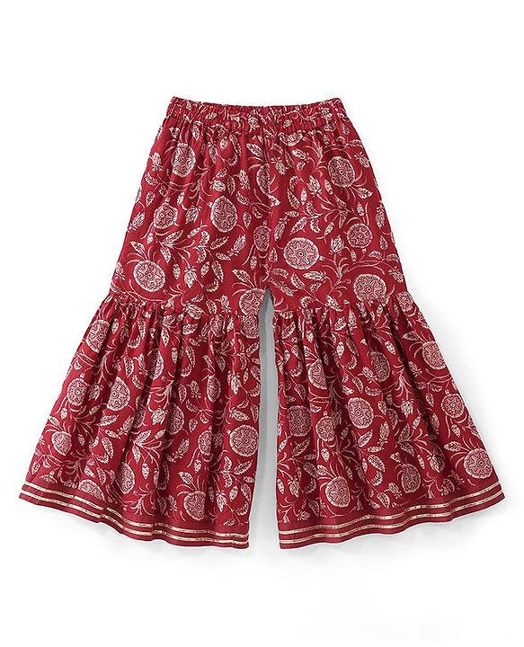 Babyhug 100% Cotton Woven Three Fourth Sleeves Kurti Palazzo & Dupatta Floral Print - Maroon