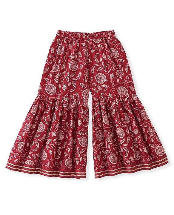 Babyhug 100% Cotton Woven Three Fourth Sleeves Kurti Palazzo & Dupatta Floral Print - Maroon