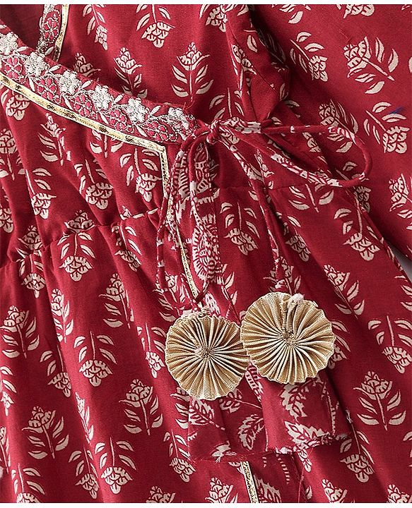 Babyhug 100% Cotton Woven Three Fourth Sleeves Kurti Palazzo & Dupatta Floral Print - Maroon