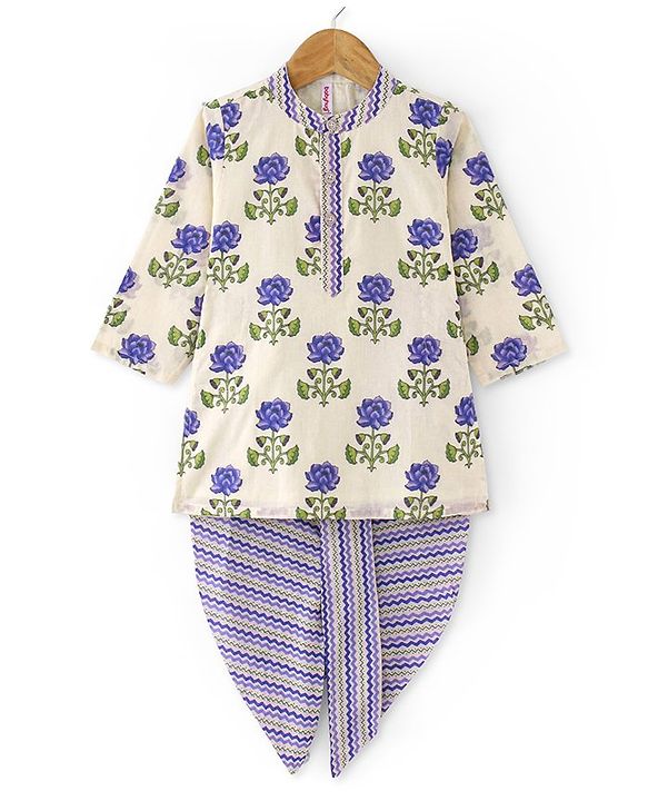 Babyhug 100% Cotton Woven Full Sleeves Kurta & Dhoti Set With Floral Print - Offwhite