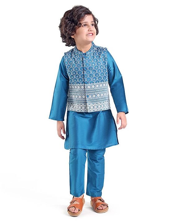 Babyhug 100% Cotton Woven Full Sleeves Kurta & Pyjama Set With Mirror Embroidered Jacket - Navy Blue