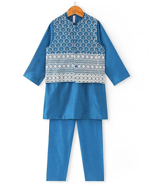 Babyhug 100% Cotton Woven Full Sleeves Kurta & Pyjama Set With Mirror Embroidered Jacket - Navy Blue