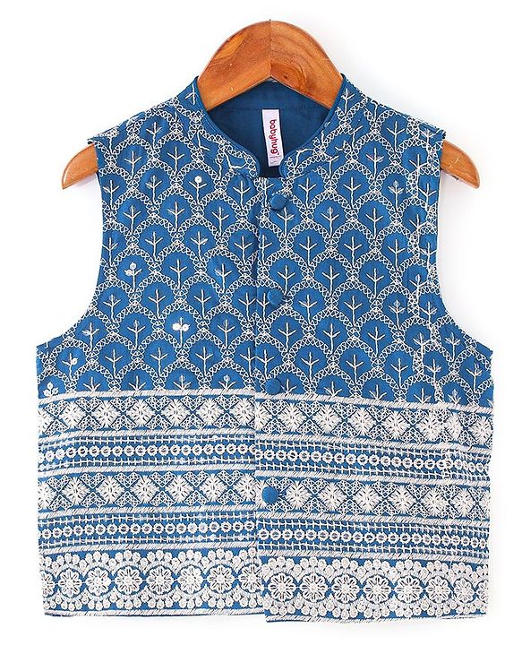 Babyhug 100% Cotton Woven Full Sleeves Kurta & Pyjama Set With Mirror Embroidered Jacket - Navy Blue