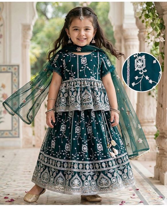 Babyhug Short Sleeves Sequenced Net Embroidered Choli Lehenga Set  with Dupatta - Teal Blue