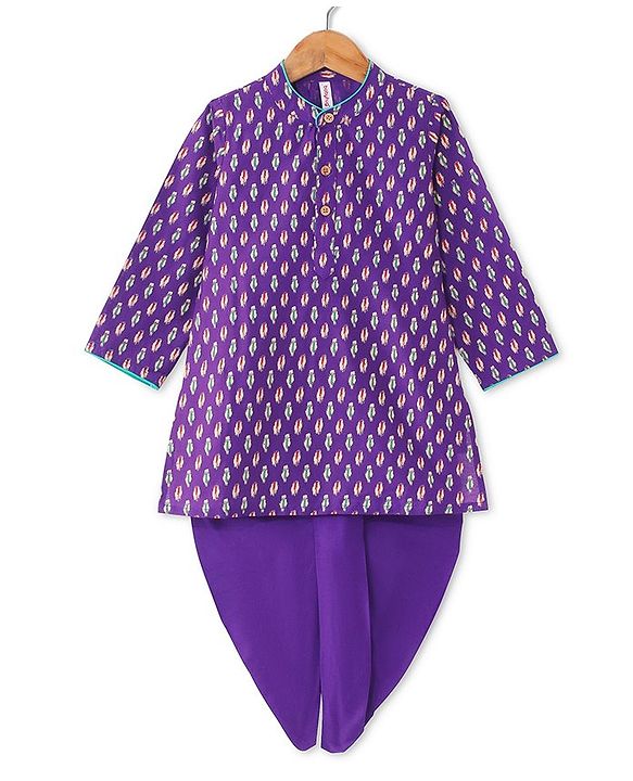 Babyhug 100% Cotton Woven Full Sleeves Kurta & Dhoti Set With Ikkat Print -Purple