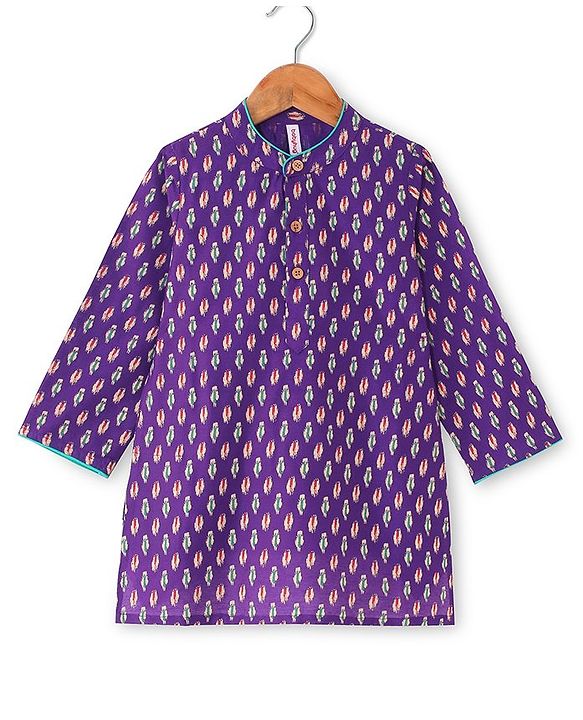 Babyhug 100% Cotton Woven Full Sleeves Kurta & Dhoti Set With Ikkat Print -Purple
