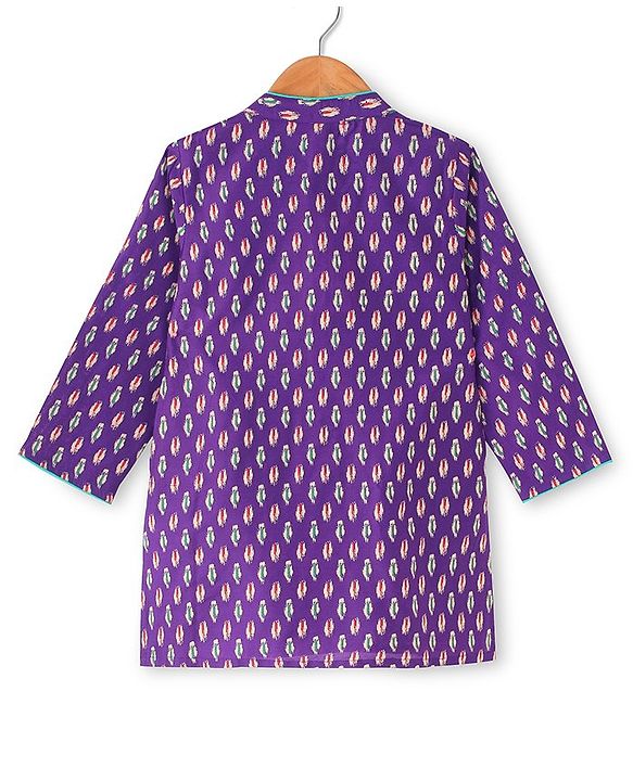 Babyhug 100% Cotton Woven Full Sleeves Kurta & Dhoti Set With Ikkat Print -Purple