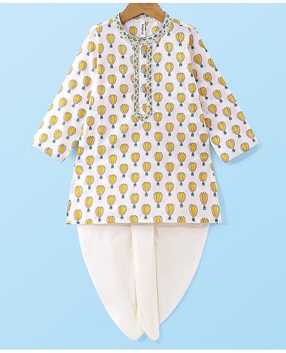 Babyhug Cotton Full Sleeves Hot Air Balloon Printed Kurta & Dhoti Set - White