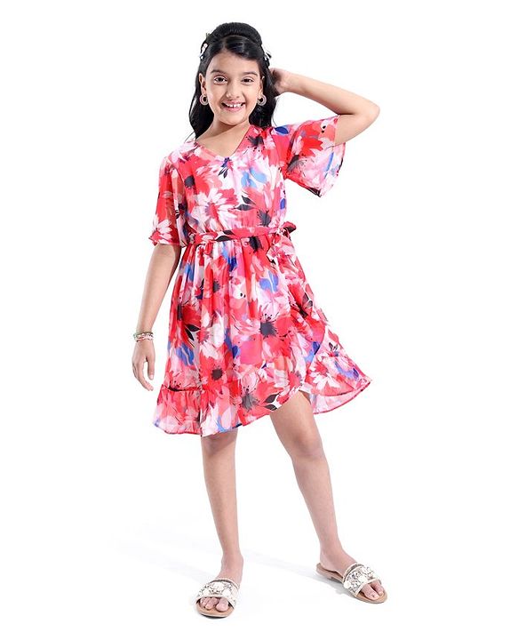 Pine Kids 100% Cotton Knit Half Sleeves Floral Printed Frock - Red