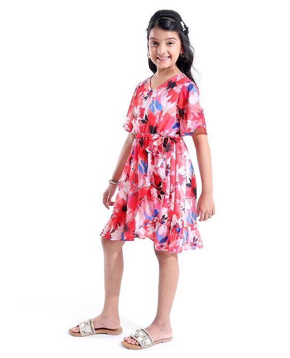 Pine Kids 100% Cotton Knit Half Sleeves Floral Printed Frock - Red