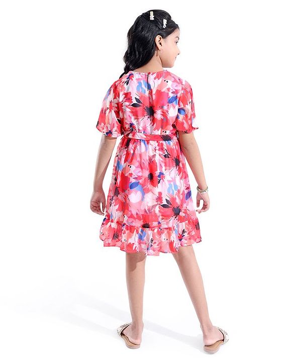Pine Kids 100% Cotton Knit Half Sleeves Floral Printed Frock - Red