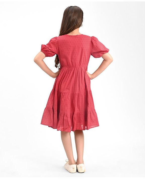 Pine Kids 100% Cotton Woven Half Sleeves With Textured Frock - Red