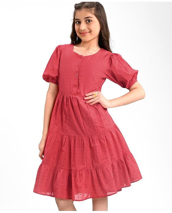 Pine Kids 100% Cotton Woven Half Sleeves With Textured Frock - Red