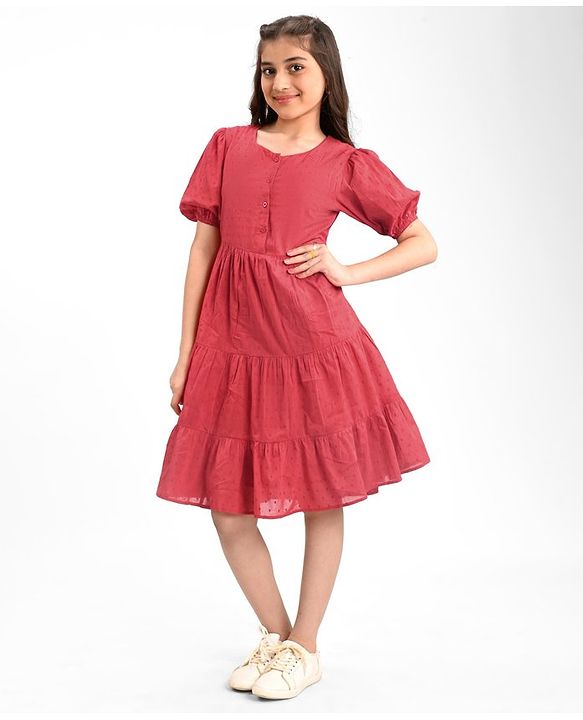 Pine Kids 100% Cotton Woven Half Sleeves With Textured Frock - Red