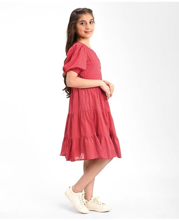 Pine Kids 100% Cotton Woven Half Sleeves With Textured Frock - Red